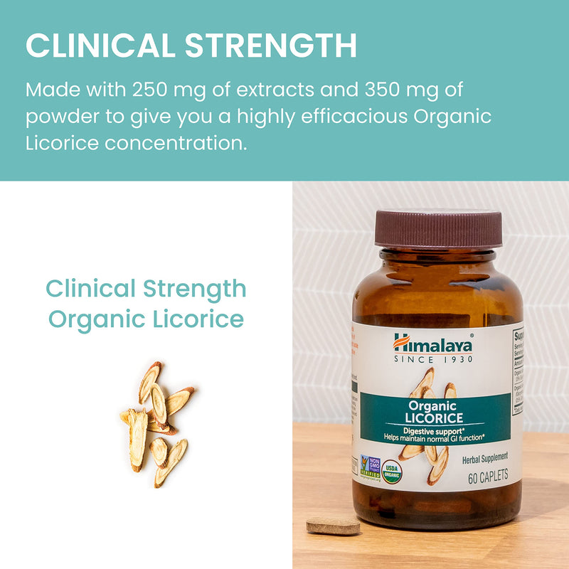 [Australia] - Himalaya Organic Licorice Root Herbal Supplement, Non-DGL, Occasional Heartburn and Indigestion Relief, Upset Stomach Relief, Digestive Support, Non-GMO, USDA Organic, Vegan, 60 Plant-Based Caplets 60 Count (Pack of 1) 