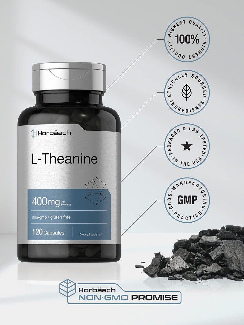 Horbäach L-Theanine Supplement | 400mg | 120 Powder Capsules | Non-GMO & Gluten Free 120 Count (Pack of 1)