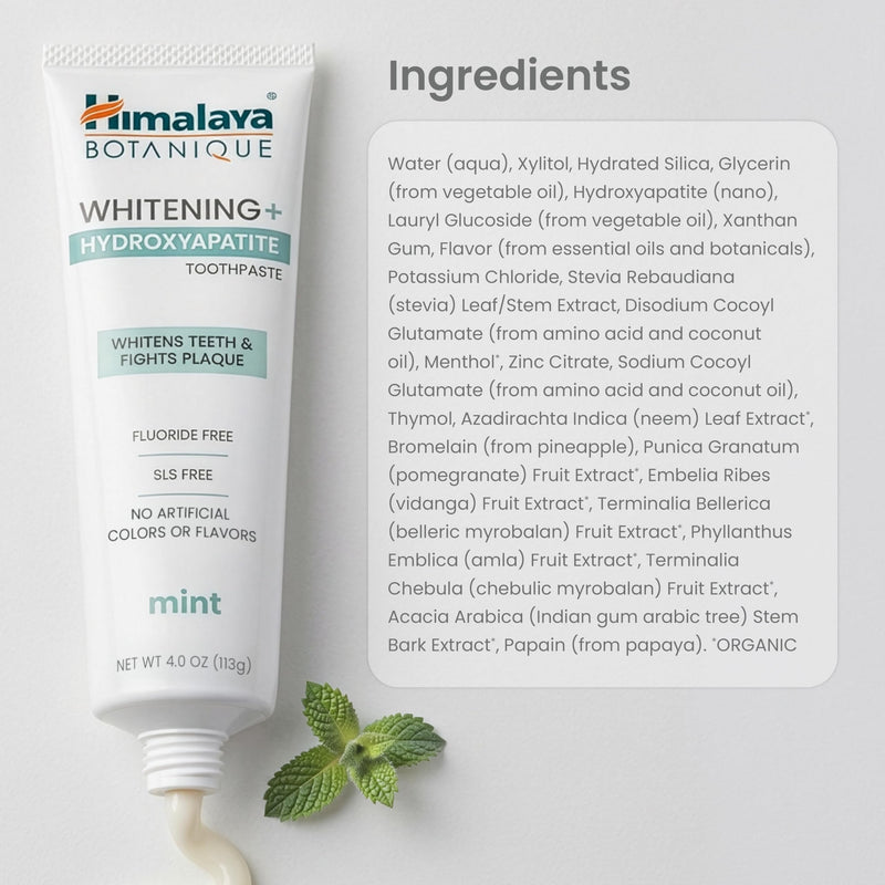 Himalaya Botanique Whitening+ Hydroxyapatite Toothpaste, Mint, 4 oz, Pack 4 | Nano Hydroxyapatite Toothpaste, Support Enamel Strength & Integrity,Great for Sensitive Teeth, Fluoride Free,SLS Free & Vegan 4 Ounce (Pack of 4) Adult Mint