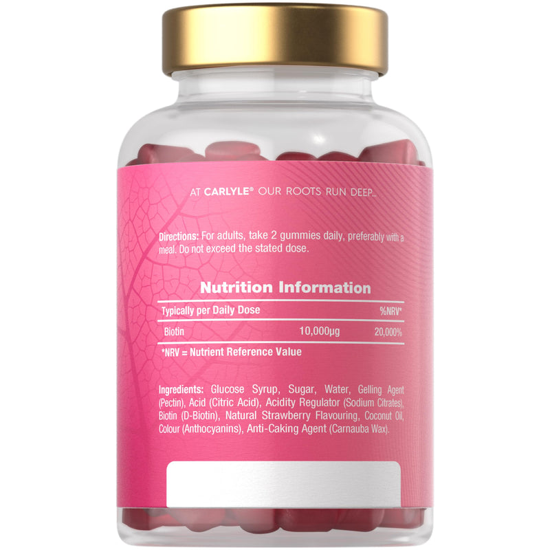Biotin Hair Growth Gummies 10,000mcg | 120 Count | Vitamin B7 | High Strength Supplement for Hair and Skin Support | Strawberry Flavour | Vegan | By Carlyle