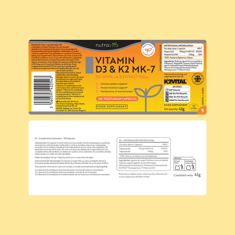 Nutravita Vitamin D3 4000 IU & K2 100μg MK7 (K2VITAL®) - 120 VIT D Capsules not Tablets - Vitamin D3 K2 Supplements - D3K2 Immune Support Supplements - VIT D K2 - Cholecalciferol, K2 MK7 - Made in UK