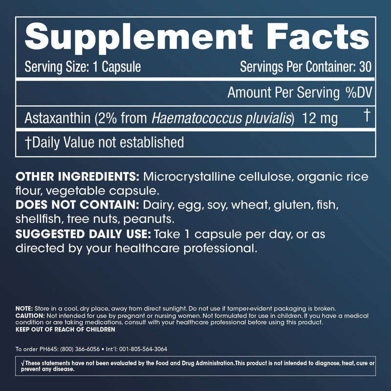 ProHealth Astaxanthin. Powerful Antioxidant for Immunity, Metabolism, and Cellular Longevity. Supports Joint and Eye Health. Enhances Heart and Brain Function. 12 mg per Serving, 30 Caps