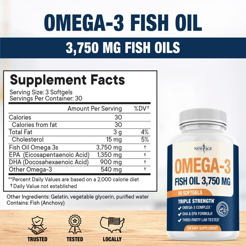 [Australia] - Triple Strength Omega 3 Fish Oil 3750 mg - EPA & DHA - Over 3000mg Omega-3 Fatty Acids - 1350mg EPA + 900mg DHA - Best Essential Fatty Acids, Burpless Fish Oil - 180 Count 90 Count (Pack of 2) 
