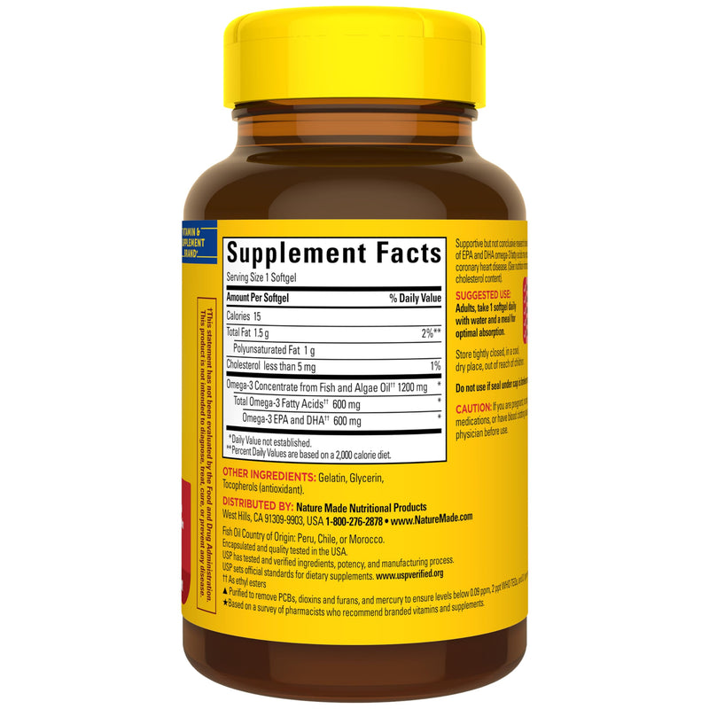 Nature Made Omega 3 Fish Oil and Algae Oil Supplements 1200mg, 60 Softgels | Algae Oil & Fish Oil Blend, Omega 3 Supplement for Heart, Brain and Eyes Support, One Per Day, 60 Day Supply