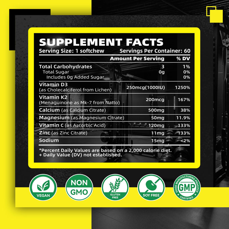 Nutravita Sugar-Free Vitamin D3 K2 Chews with Calcium + K2 (MK-7), Magnesium Citrate, Vitamin C, Extra Strength - Ultimate Absorption for Bone Muscle Teeth Immune, Vegan - 60 Count-Pineapple Flavor Pineapple