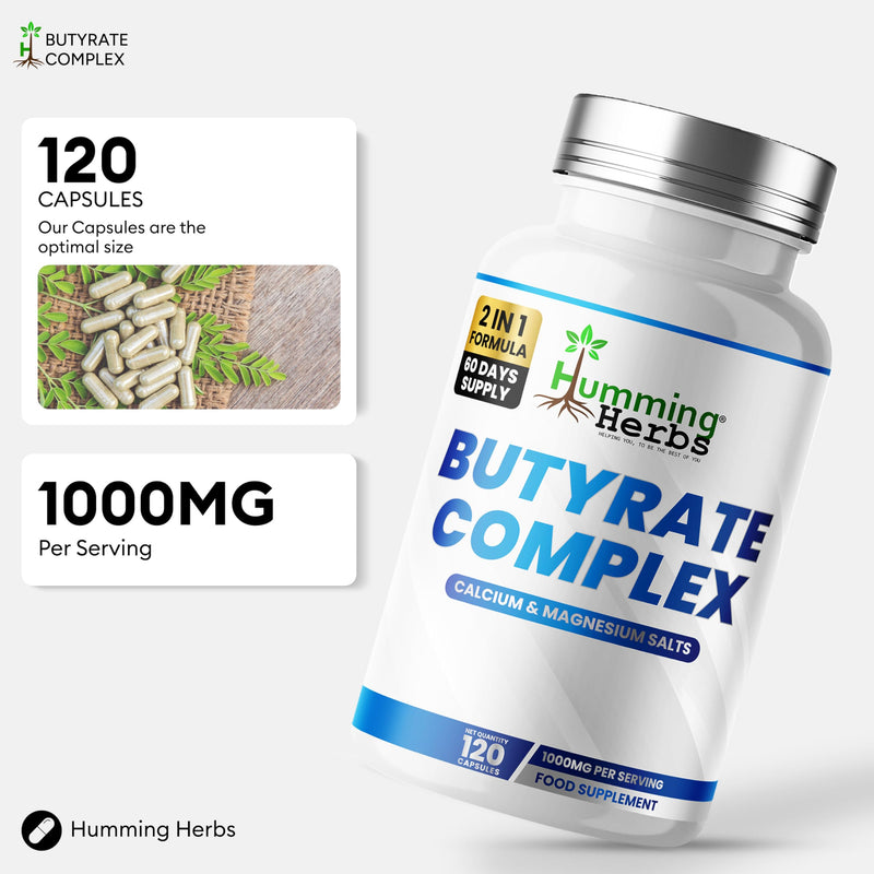 Humming Herbs Butyrate Complex | Calcium & Magnesium Butyrate Salts | 1000mg per Serving | 120 Vegan Capsules | 60 Day Supply | Mineral Salt Formula
