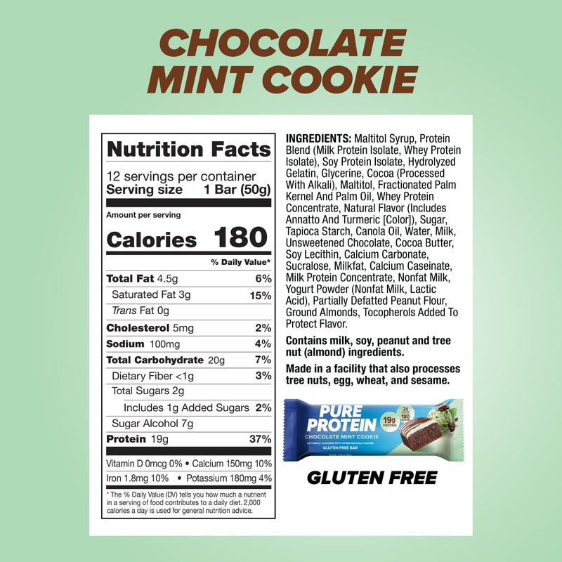 [Australia] - Pure Protein Bars, High Protein, Nutritious Snacks to Support Energy, Low Sugar, Gluten free, Chocolate Mint Cookie,1.76oz, 12 Count (Packaging May Vary) 