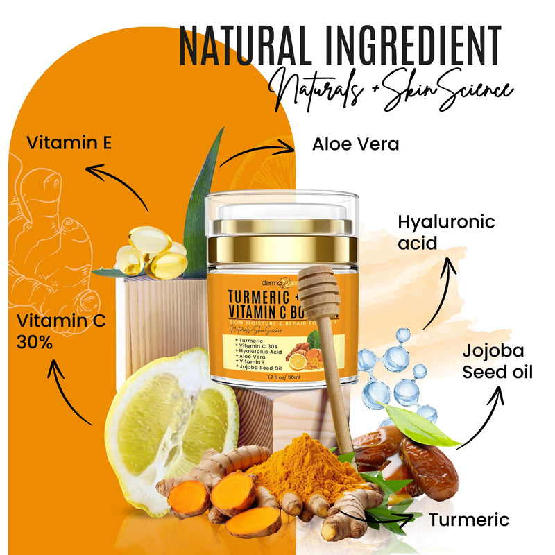 Turmeric Face Cream with 30% Vitamin C – Glow Booster, Anti-Aging & Skin Repair Moisturizer for Dark Spots, Hydration & Radiance – Vitamin C Cream for All Skin Types (1.7 fl oz) Turmeric Booster Cream