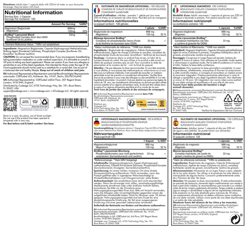 Codeage Liposomal Magnesium Glycinate Supplement, 4-Month Supply, Bisglycinate Magnesium Chelate, Chelated Magnesium Mineral Capsules, Bioavailable Non-GMO Vegan Gluten-Free, 120 Capsules