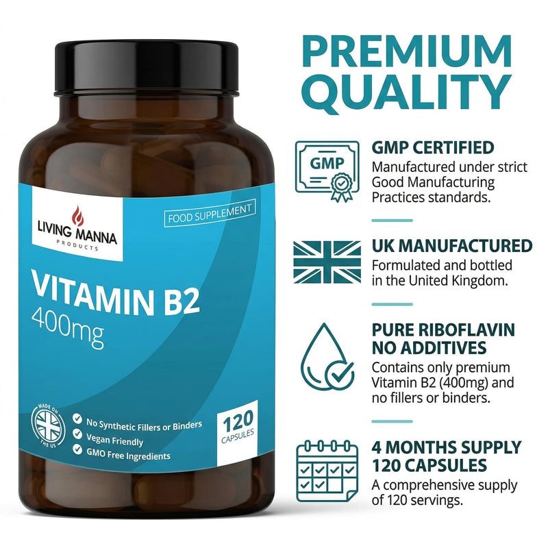 Vitamin B2 Riboflavin 400mg High Strength | 120 Vegan Capsules | Energy, Fatigue & Migraine Support | Pure Riboflavin | UK Made – Living Manna