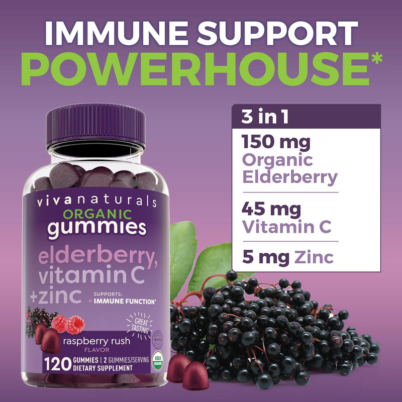 [Australia] - Organic Sambucus Elderberry Gummies with Zinc and Vitamin C (120 Count) - 3 in 1 Black Elderberry Gummies for Adults Immune Support, Chewable Elderberry Supplements, Immunity Gummies 