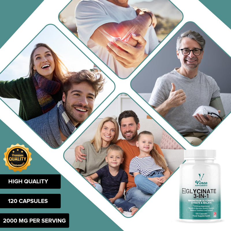 Vinco Magnesium Glycinate 3-in-1 Complex - 2000mg Supplements as Bisglycinate, Citrate & Malate 120 Capsules, Triple High Absorption 420mg Elemental, UK Made