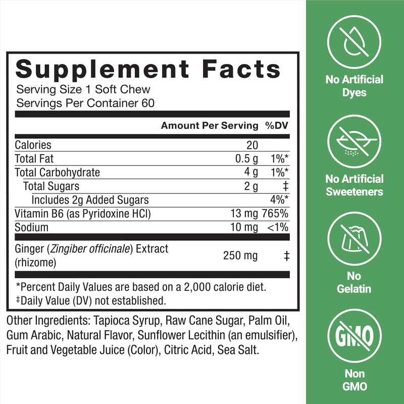 Force Factor Gentle Ginger Chews for Nausea Relief | Motion Sickness & Morning Sickness, Vitamin B6 for Digestive Support, Ginger Supplement, Honey-Lemon Ginger Flavor, 60 Chews