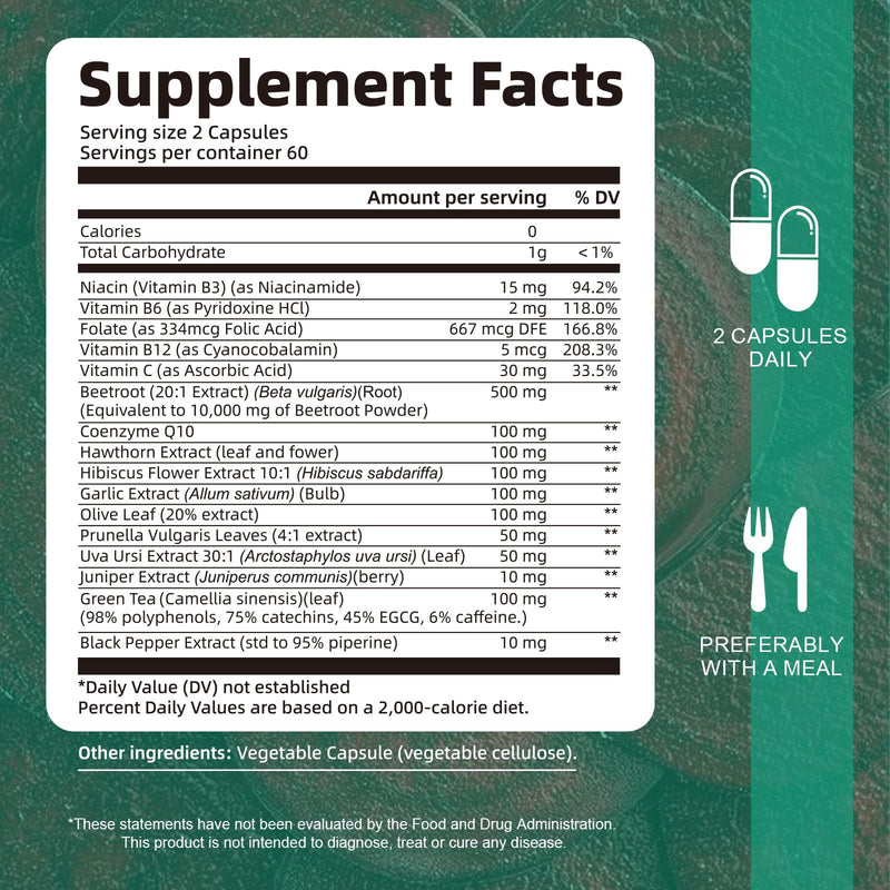 [Australia] - 16-in-1 Blood Pressure Supplements with 500mg Beetroot Powder - Nitric Oxide Supplement for Healthy Blood Circulation, Heart Healthy & Blood Pressure Support - 120 Vegan Capsules 