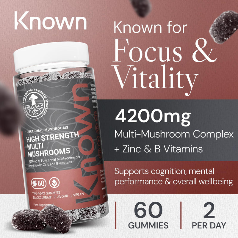 Known 4,200mg High Strength Multi Mushroom Gummies – Blackcurrant Flavour – Lions Mane, Reishi, Cordyceps, Chaga, Maitake, Tremella – Brain, Focus, Immune – 1 Month Supply – Vegan Supplement High Strength 4200mg Bottle