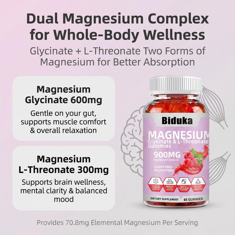 900mg Magnesium Glycinate Gummies, 65 Count, Sugar Free Magnesium Complex with L-Threonate, Potassium, Vitamin D, B6, CoQ10 Supplement for Relaxation, Raspberry Flavor