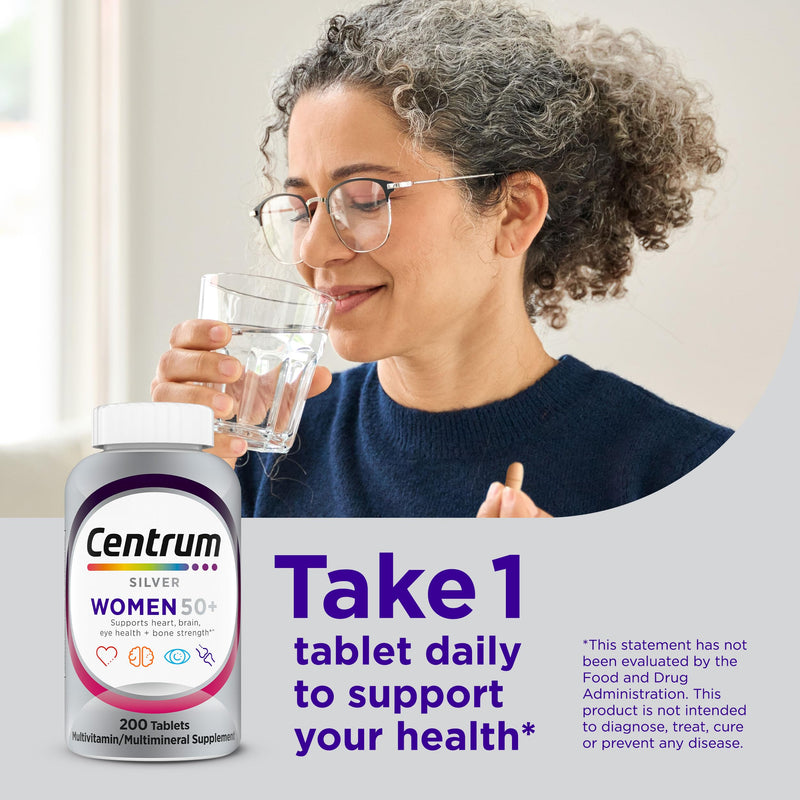 Centrum Silver Women's Multivitamin for Women 50 and Over, 100 Tablets | Contains Vitamin D3, B Vitamins, Calcium, and Antioxidants, Non-GMO Ingredients, Supports Memory and Cognition, GLP-1 Support 100 Count (Pack of 1)
