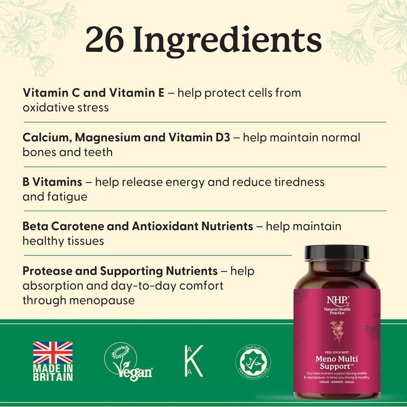 NHP Advanced Meno Multi Support - Multivitamin Formula for Menopause Health, Hormonal Balance, Bone Strength and Overall Well-Being,Gluten - Free, Dairy Free,60 Vegan Capsules 60 count (Pack of 1)