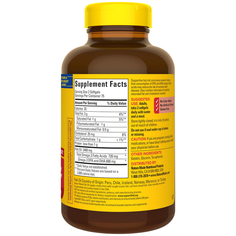 Nature Made Fish Oil Omega 3 Supplements, 1200 mg Softgels, 150 Softgels | Omega 3 Fish Oil for Healthy Heart Support, Gluten Free, Dairy Free, 75 Day Supply