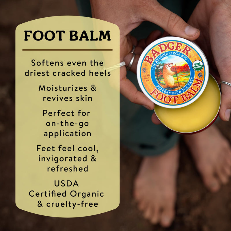 Badger Foot Balm, 100% Organic Foot Cream for Dry Cracked Heels and Feet, Fast Acting Foot Care for Women & Men, All-Natural Cracked Heel Treatment, .75 oz Tin, 2-Pack Peppermint & Tea Tree 0.75 Ounce (Pack of 2)