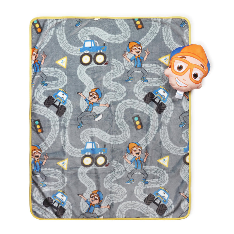 Jay Franco Kids Nogginz Set – 12" Inches Nogginz Pillow & 40" x 50" Inches Cozy Plush Throw Blanket, Ultra-Soft Character Nap Set for Travel, Bedroom & Couch Décor, Gray - Blippi