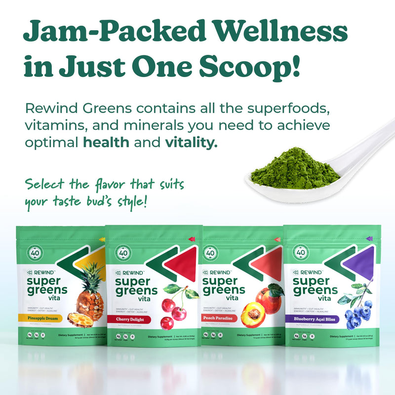 Rewind Best Tasting Super Greens Powder with 40+ Superfoods – Delicious Daily Green Powder with Vitamin B12, Zinc, Vitamin C, Magnesium & Calcium – Green Juice Superfood Mix - Peach Flavor Peach Paradise - 30 Servings
