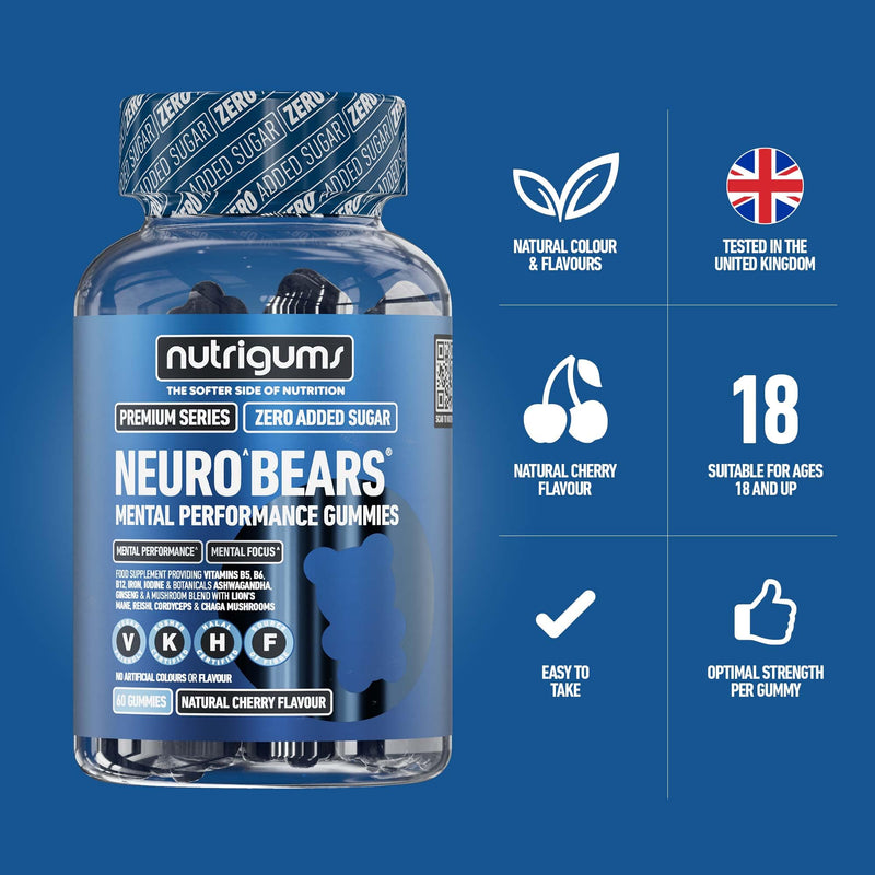 Cognitive Performance Gummies | Ashwagandha, Ginseng, Lions’ Mane | Reishi, Chaga & Cordyceps Mushrooms + B5, B6, B12, Iron, Iodine | No Added Sugar | Cherry Flavour | 60 Vegan Gummies | Neuro Bears®