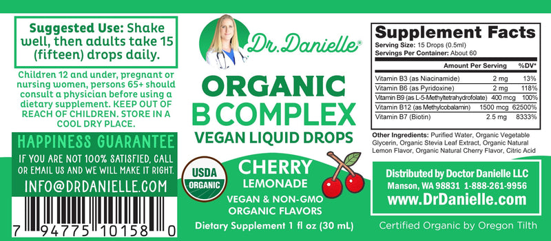 Organic Vitamin B Complex Liquid Drops | B Vitamins Complex Supplement with B3, B6, B7, B9 & Methyl B12 Drops for Adults & Kids | Vegan Cherry Flavor 1oz | 60 Servings / 2 Month Supply