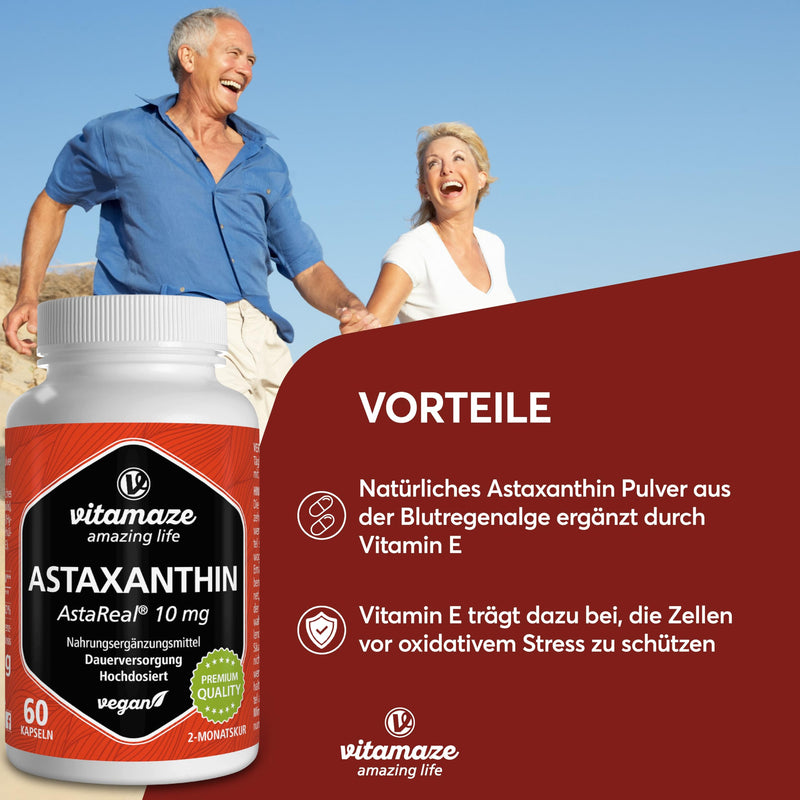 [Australia] - Astaxanthin capsules high dosage & vegan, 10 mg per capsule, natural astaxanthin powder from blood rain algae, 60 capsules for 2 months, dietary supplement without additives 10 mg astaxanthin 