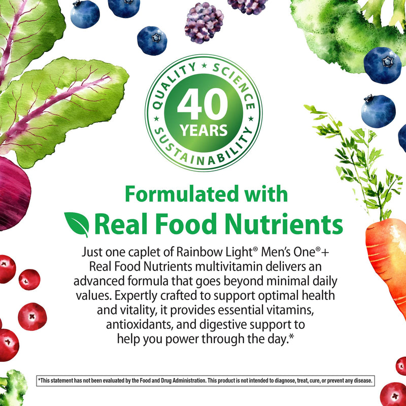 Rainbow Light Mens Multivitamin One + | 150 Caplets | Supports Cellular Energy & Immune Health | with Vitamins C, D, and Zinc | Real Food Nutrients, Digestive Enzymes & Probiotics Men's One 150 Count (Pack of 1)