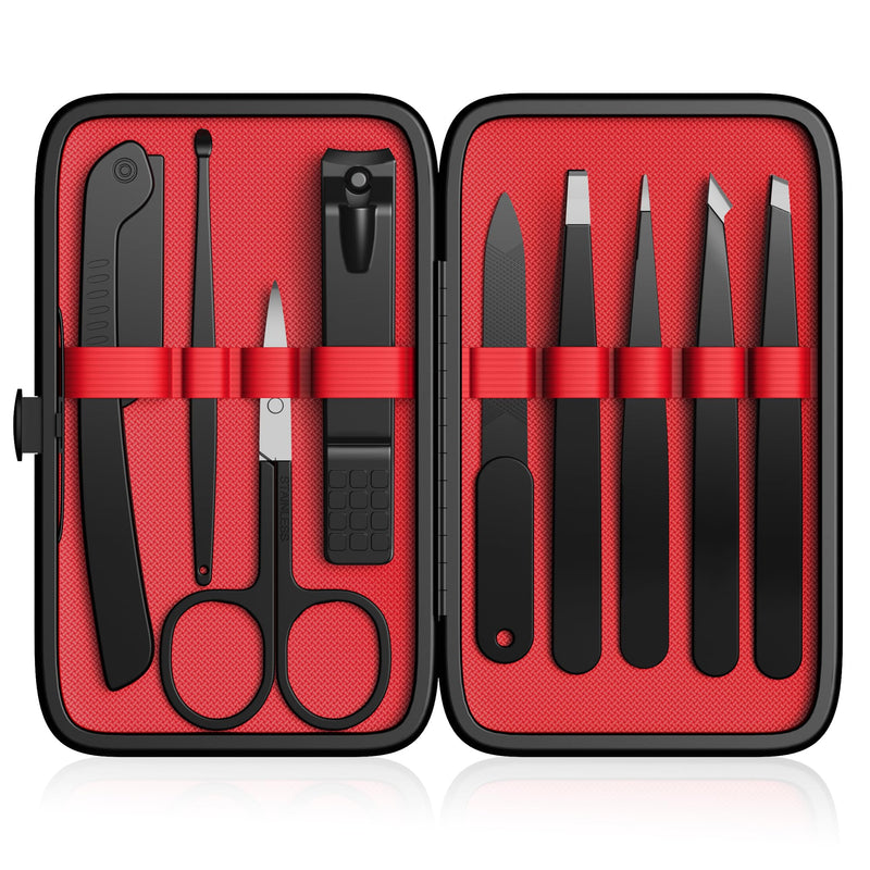 [Australia] - Yougai Tweezers Set,9 Pcs Professional Stainless Steel Tweezer Kit-Great Precision Eyebrow Tweezers for Ingrown Facial Hair with Leather Travel Case as Stocking Stuffing Gifts Black and Red-01 