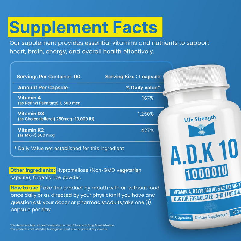 ADK 10 - ADK Vitamin Supplement - 90 Capsules - Maximum Potency Vitamin A, D3 10,000 IU & K2 (MK-7) for Healthy Bone, Heart & Immune Support - Non-GMO, Gluten Free(3-Month Supply) 90 Count (Pack of 1)