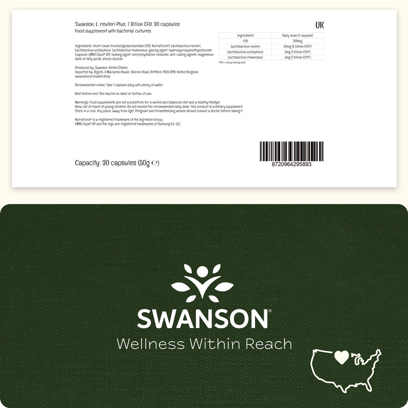 Swanson, L. Reuteri Plus, 7 Billion Bacterial Cultures, 30 Vegan Capsules, SOYA-Free, Gluten-Free, GMO-Free
