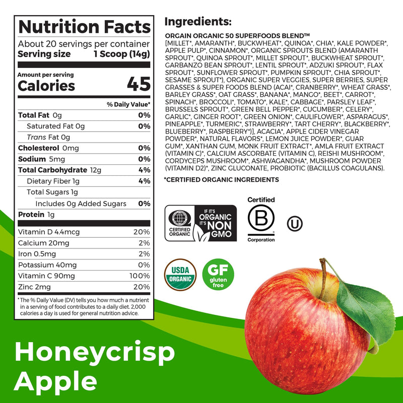 Orgain Greens + Superfoods Immunity Up Powder, Honeycrisp Apple, 0.62lb | Organic greens + 50 superfoods powder, probiotics, vitamin C, D, & zinc, apple cider vinegar, ashwagandha, for immune support 9.9 Ounce (Pack of 1)