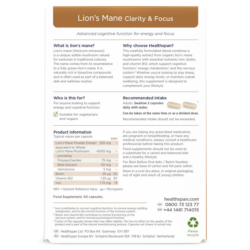 Healthspan Lion’s Mane Clarity & Focus (60 Capsules) | Stay Sharp and Focused | 4000mg Lion’s Mane Mushrooms | Supports Energy and Cognitive Function | with biotin, Vitamin B12 and Iron