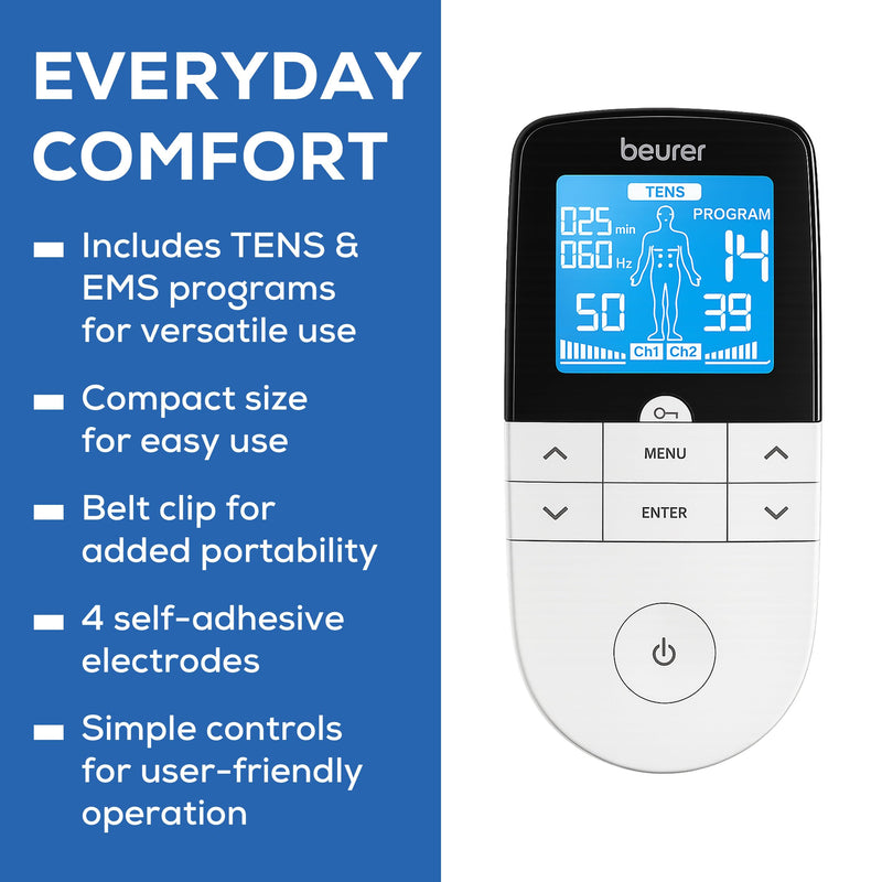 Beurer EM49 Digital TENS & EMS Device for Pain Relief and Muscle Stimulation, 15 TENS Programs, 35 EMS Programs, 2 Adjustable Channels with 4 Self-Adhesive Electrodes Blue