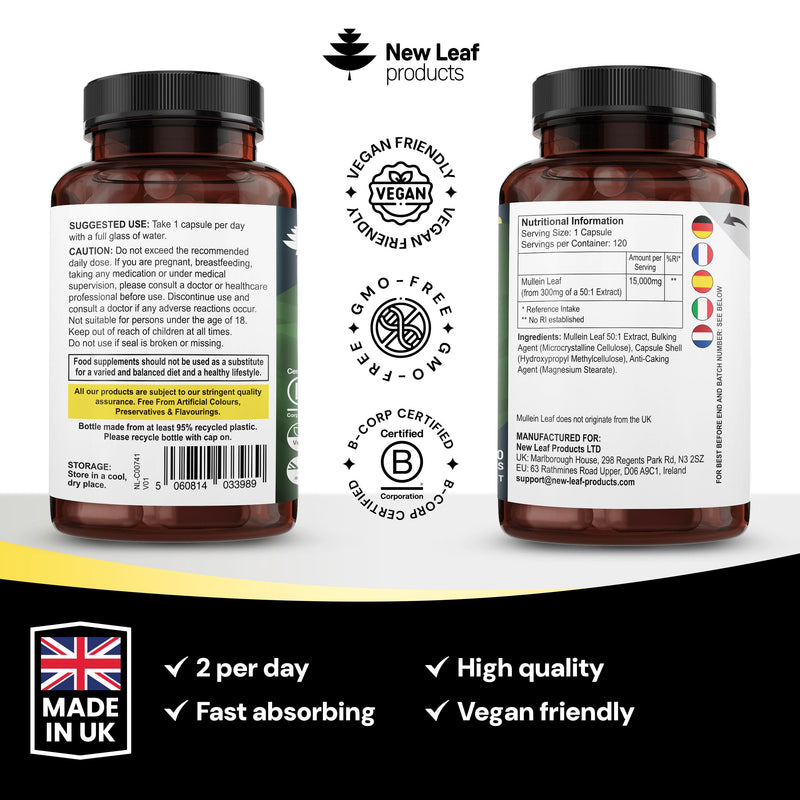 Mullein Leaf Extract for Lungs 15,000mg – High Strength 50:1 Concentrate, 4 Month Supply – 120 Vegan Mullein Leaf Capsules – UK Made by New Leaf