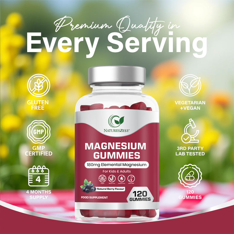 Magnesium Gummies 180mg - 120 High Strength Vegan Gummies for Adults & Kids | Premium formula supports natural sleep, muscle relaxation, and immune health. Delicious natural berry flavour