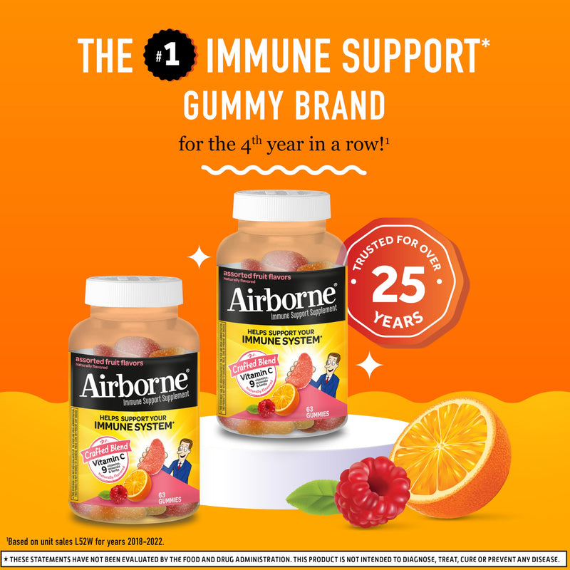 Airborne 750mg Vitamin C Gummies for Adults, Immune Support Supplement with Powerful Antioxidants Vitamins A C & E - 2x63ct Bottles (126 Gummies), Assorted Fruit Flavor | Antioxidants Vitamins A, D & E + Zinc, Selenium, and Manganese, Herbal Blend, Nat...