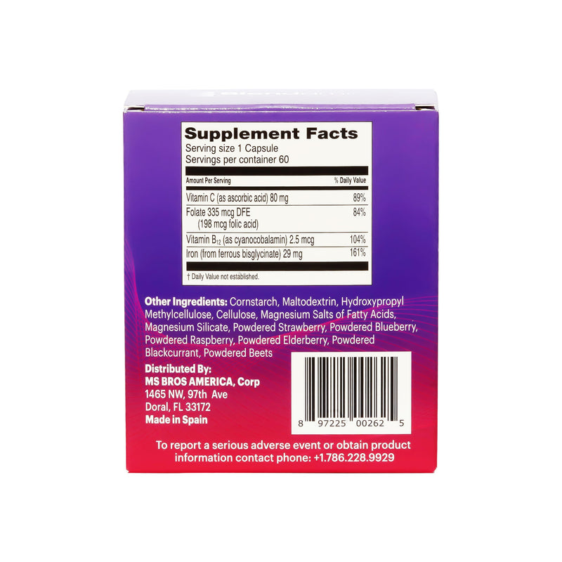 Iron Ferrous Bisglycinate with Vitamins B12 Cyanocobalamin, Folic Acid, Vitamin C, Red Cells Formation, Blood & Immunity Health 60 Capsules