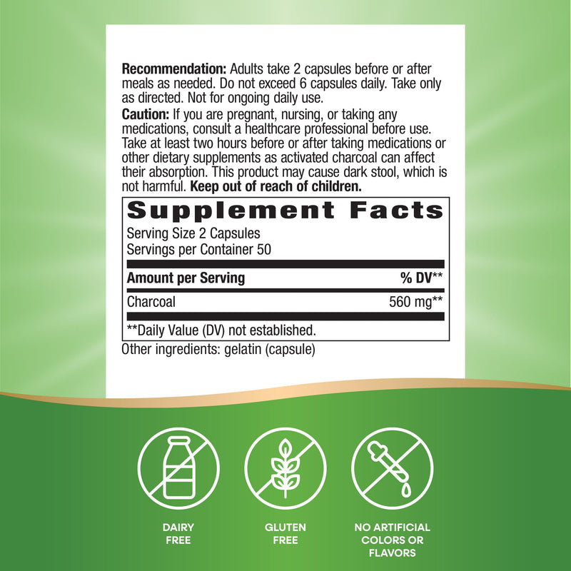 [Australia] - Nature's Way Activated Charcoal, Binds Unwanted Materials and Gas in the Digestive Tract*, 560 mg per 2-Capsule Serving, 100 Capsules (Packaging May Vary) 100 Count (Pack of 1) 