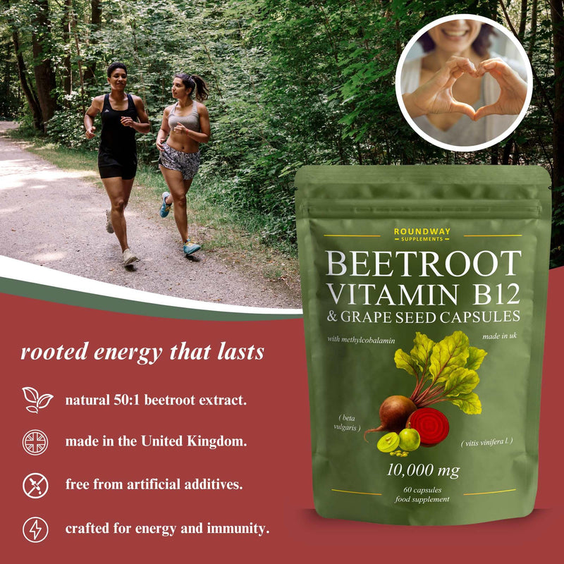 Beetroot Capsules with Vitamin B12 & Grape Seed Extract for Energy & Immunity + Nitric Oxide | High Strength 9000mg Beetroot, 1000mcg Methylcobalamin | 60 Capsules (2 Months) by Roundway Supplements