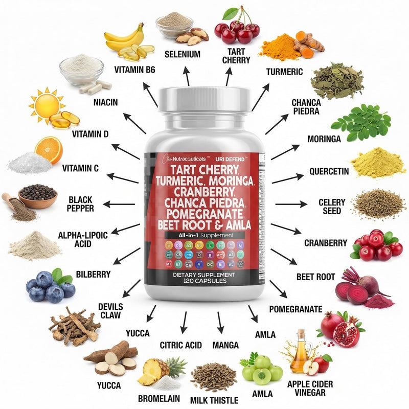 Clean Nutraceuticals Tart Cherry Extract Capsules with Turmeric Moringa Cranberry Chanca Piedra Celery Quercetin ACV Pomegranate L Selenomethionine - Uric Levels - 120 Ct 1