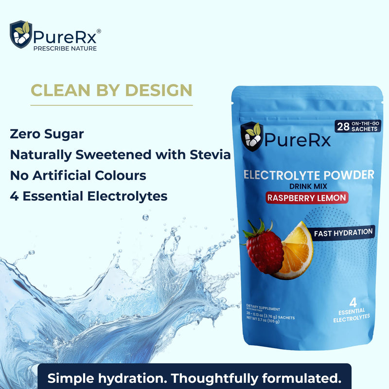 Electrolyte Powder Sachets | 28 Sachets | Raspberry & Lemon | Electrolytes with Sodium, Potassium, Magnesium & Calcium | Daily Hydration Support
