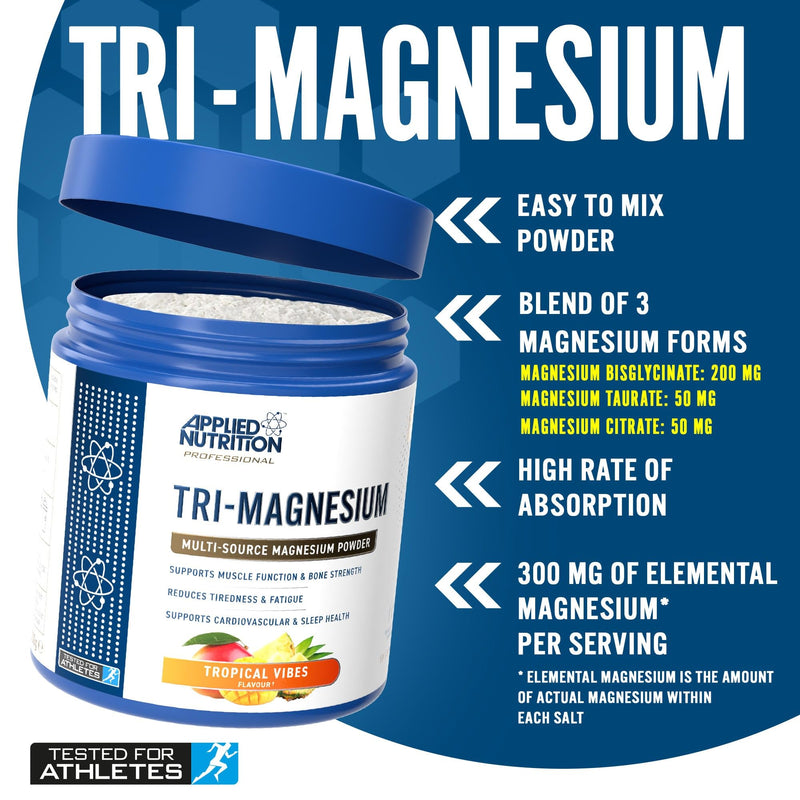 Applied Nutrition Tri-Magnesium Powder 3 in 1 - Magnesium Glycinate Supplements for Bone, Muscle, Nervous System Sleep Health - 300 mg per Serving (200g - 50 Servings) (Tropical Vibes) Tropical Vibes 200 g (Pack of 1)
