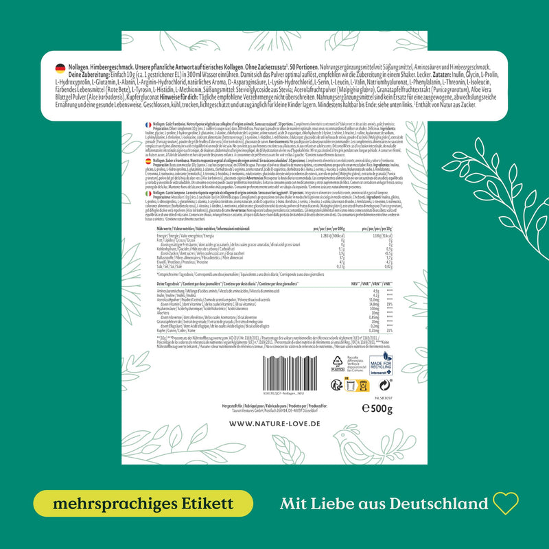 [Australia] - NATURE LOVE® Vegan Collagen - 500g powder - collagen vegan - raspberry flavor - purely plant-based alternative to collagen powder - laboratory tested, produced in Germany 