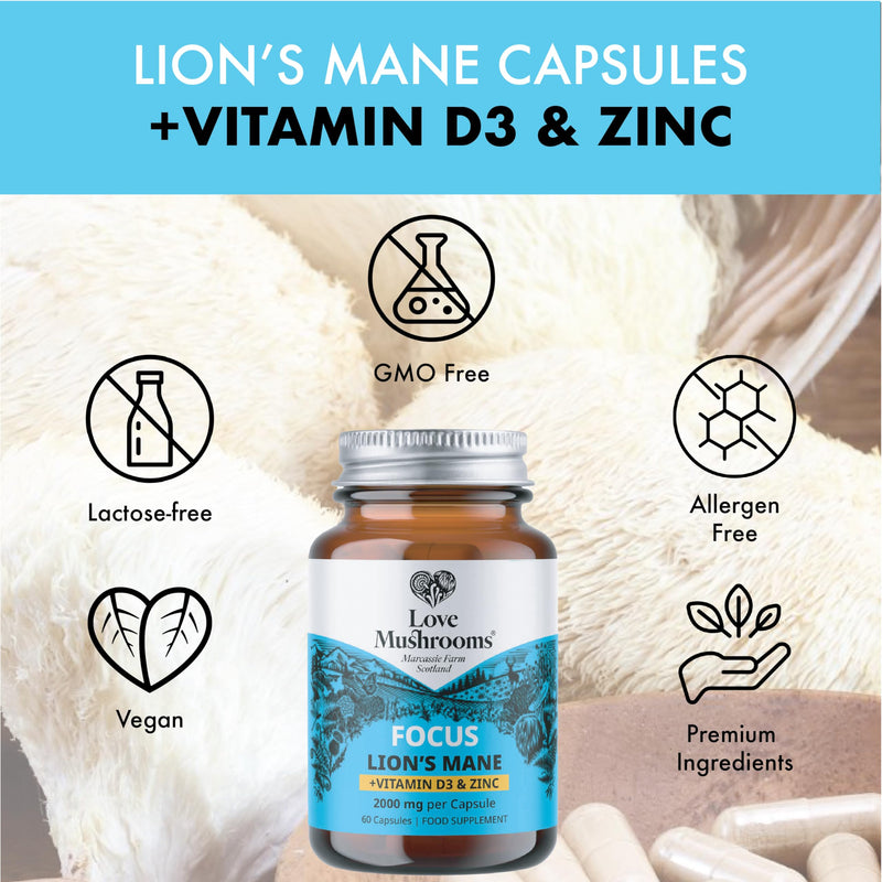 Lion’s Mane Plus Vitamin D3 & Zinc Capsules | Cognitive Support, Immunity Boost, Energy & Vitality | 60 Capsules, Vegan, Made in UK