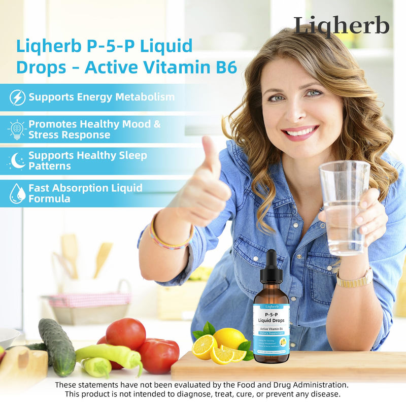 P-5-P Liquid Drops 50mg, P5P Vitamin B6 (Pyridoxal-5-Phosphate), Supports Energy Metabolism, Mood & Nerve Wellness, Fast Absorption Formula, Lemon Flavor, Vegan Non-GMO, 4 Fl Oz