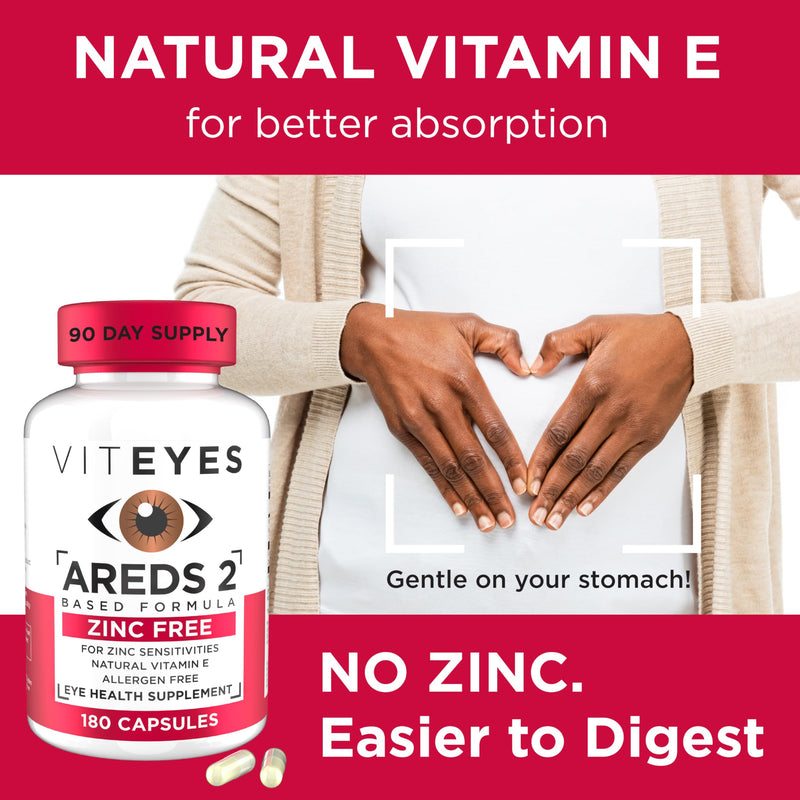 Viteyes AREDS 2 Zinc Free Macular Support, Natural Allergen Free Capsules with Vitamin E, Vitamin C, Lutein & Zeaxanthin, No Zinc, No Copper, Eye Doctor Trusted, Manufactured in the USA, 180 Ct 180 Count (Pack of 1)