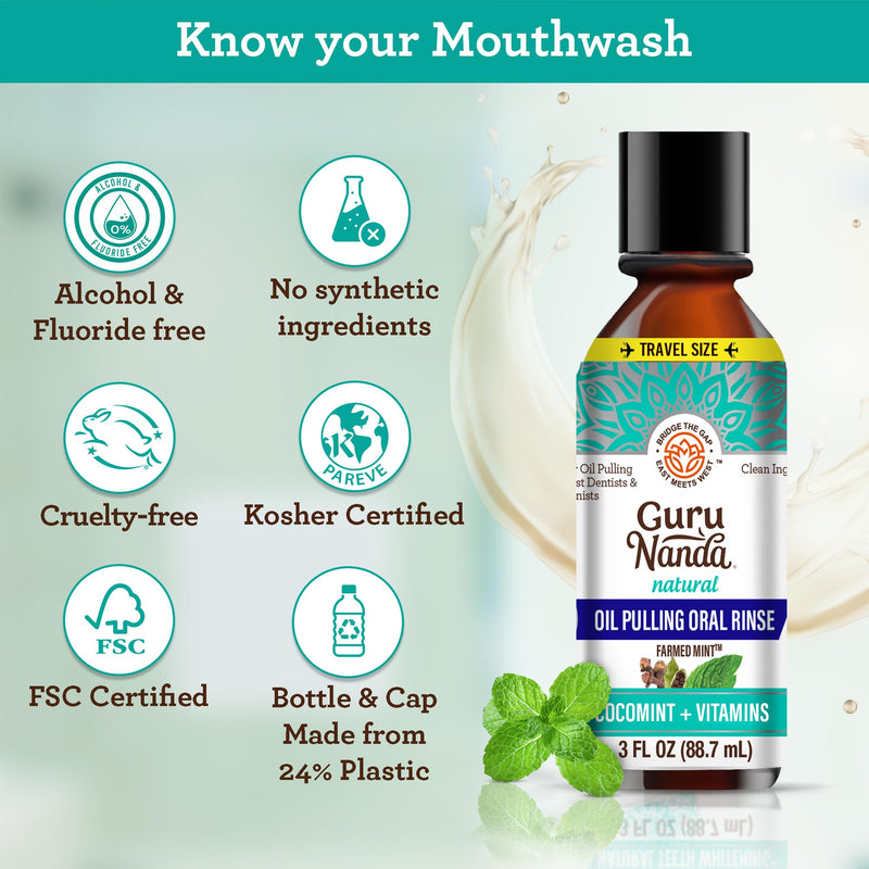 [Australia] - GuruNanda Travel Size CocoMint Oil Pulling Mouthwash, 7 Essential Oils & Vitamins, Promotes Fresh Breath & Happy Gums, No Alcohol & Fluoride, 3 oz Cocomint+Vitamins 3 Fl Oz (Pack of 1) 